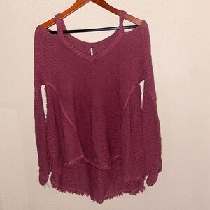 Free People Mauve Off-the-Shoulder Sweater frayed ends knitted long sleeve top